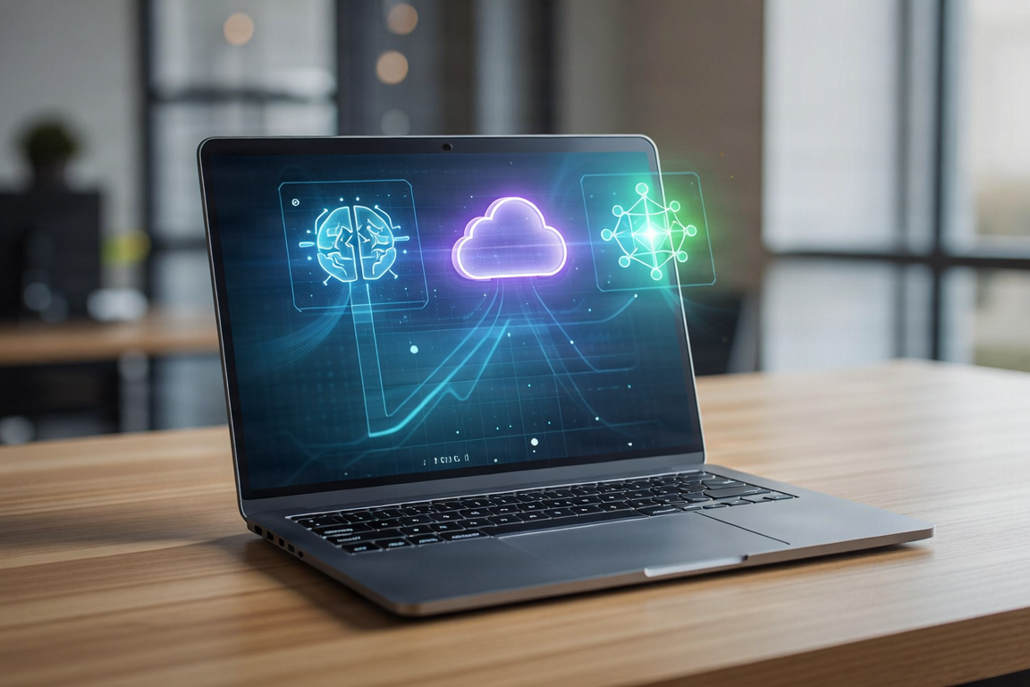 A laptop showing digital icons for AI and connectivity.